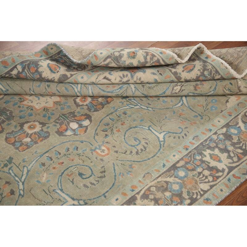 Hand Knotted Oriental 100% Wool Carpet Traditional Floral Green Tabriz Area Rug - 9' 5'' X 6' 2''