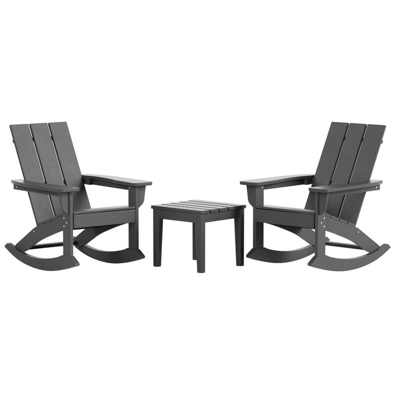 Shoreside Modern Eco-Friendly All Weather Poly Adirondack Rocking Chairs with Side Table (3-Piece Set)