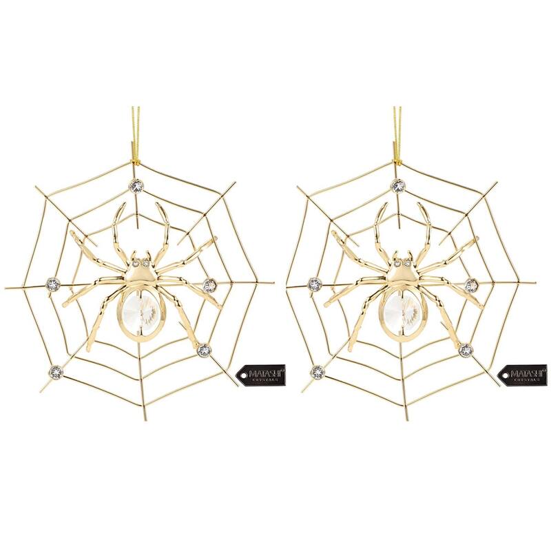 Matashi 24K Gold Plated Crystal Studded Spider Hanging Ornaments for Christmas Tree Tinsel Legend Spider on Web Ornament - Gold - Metal