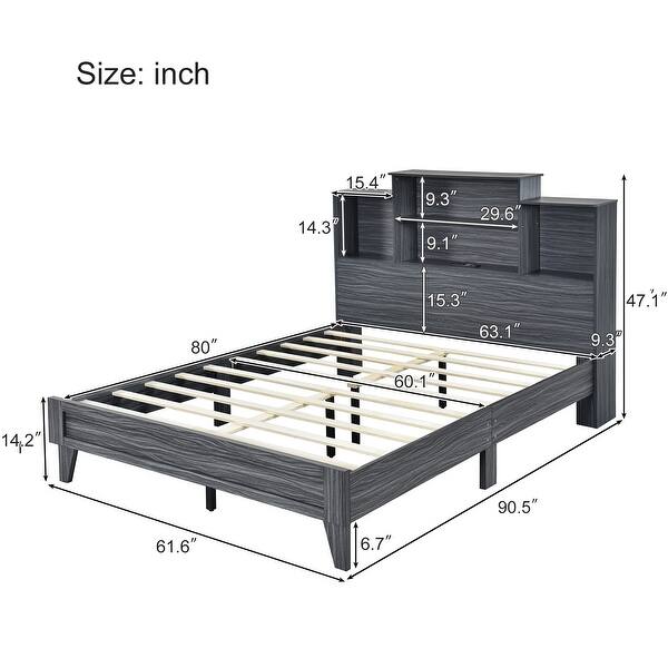 dimension image slide 0 of 2, Slats Platform Bed Storage Headboard Bed Frame Noise-Free Design with USB Charging & Center Support Legs, High Weight Capacity
