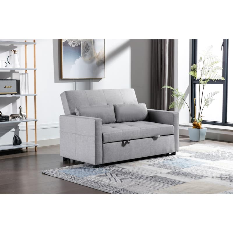 Light Grey Linen Fabric 3-in-1 Convertible Sleeper Sofa Loveseat with Side Pocket