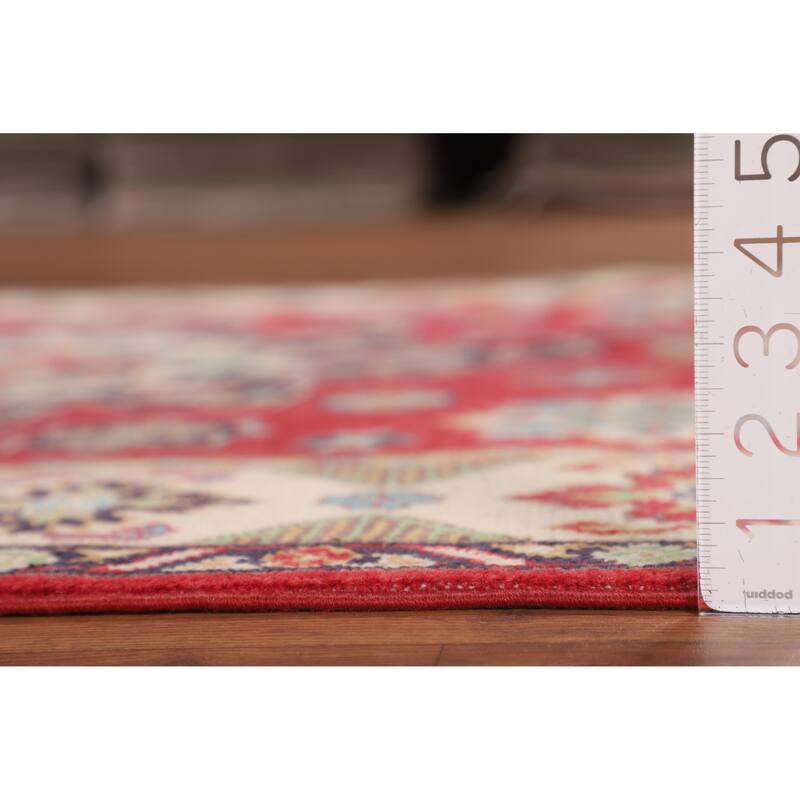 Geometric Kazak Area Rug Handmade Oriental Red Wool Carpet - 4'9" x 6'9"