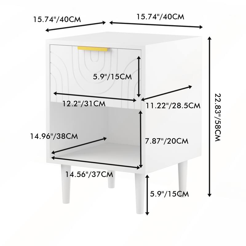Modern White Nightstand with Spacious Drawer and Gold-Accented Handle for Elegant Bedroom Decor