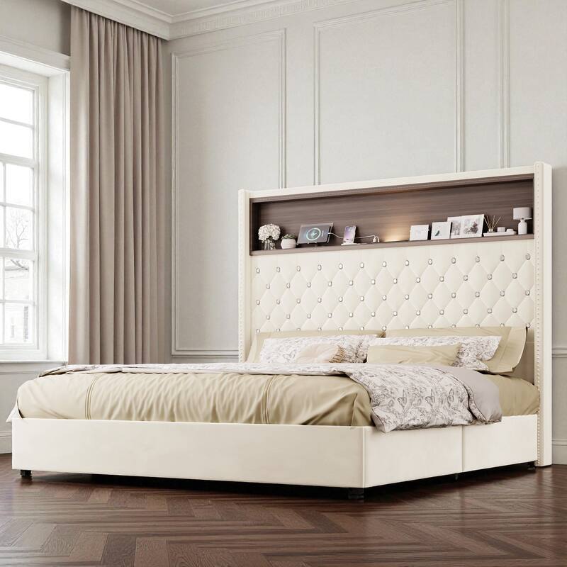 Full/Queen Velvet Tufted Bed Frame with 52" Wingback Headboard, USB Port, Night Light, Rivet Trim & Headboard Shelf