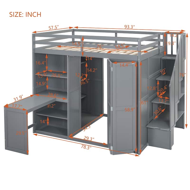 Full Size Loft Bed with Built-in Wardrobe and Desk,Wooden High Loft Bed Frame with Storage Staircase Design