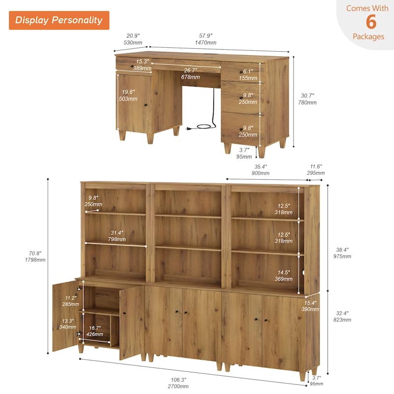 WAMPAT Home Office Furniture Set, 58" Executive Desk with Cabinet, 3-Column 71" Tall Bookcase with Doors and Adjustable Shelves
