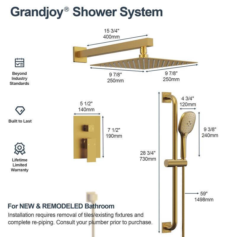 GRANDJOY 2-Spray Concealed Rain Shower System with Handheld, Wall-Mount Modern Design