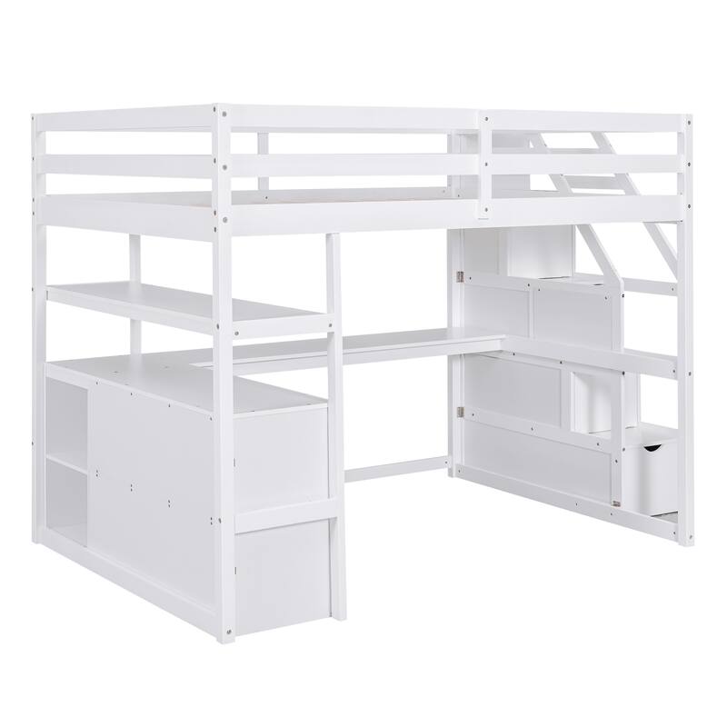 Full Size Loft Bed with Desk, Shelves, Drawers, and Storage Staircase in White