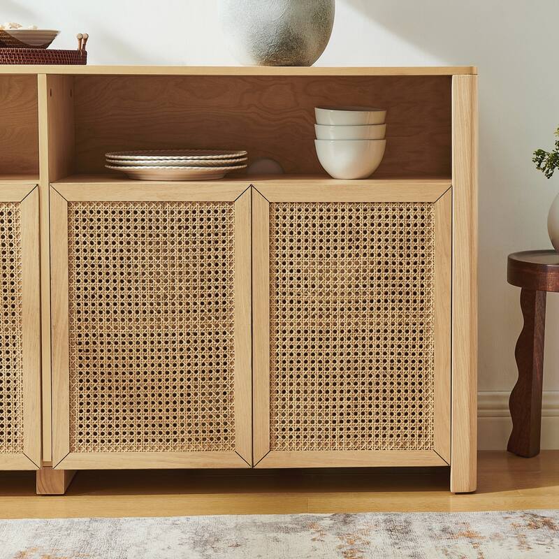 Mid Century Modern Rattan Sideboard Buffet Cabinet with Storage