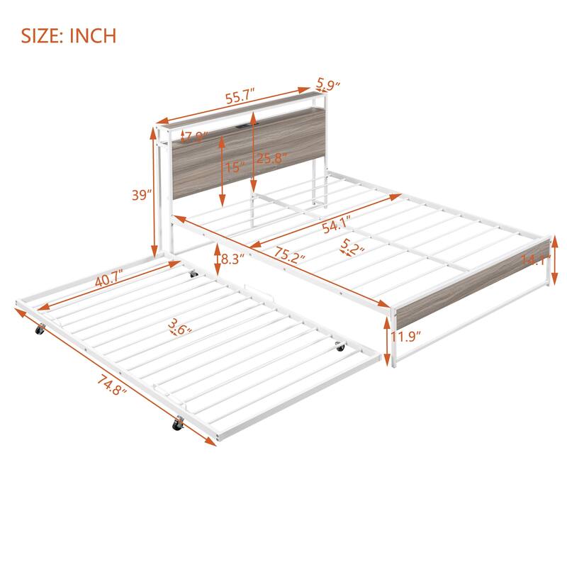 Full Size Metal Platform Bed Frame with Trundle, USB Ports, and Slat Support, No Box Spring Needed, White