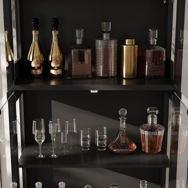Glass Display Cabinet with 4 Doors LED Strip Light Pantry Buffet Wine Cabinet - 31.5"x65"