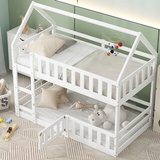 Twin over Twin House Bunk Bed with Fence and Door, White