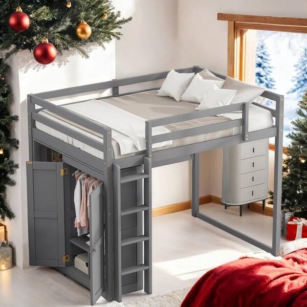 slide 2 of 14, Full Size Wood Loft Bed with Built-in Wardrobe and Storage Shelves, Led light Gray