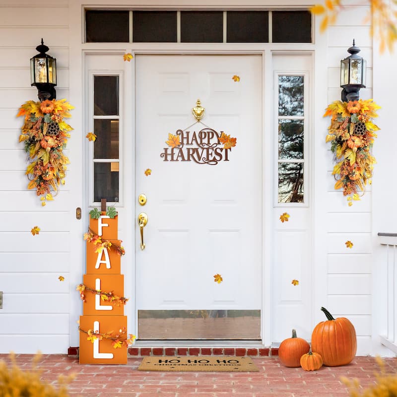 Glitzhome 25"H Fall Pumpkin Lotus Leaf Swag Wreath Thanksgiving Door Decor