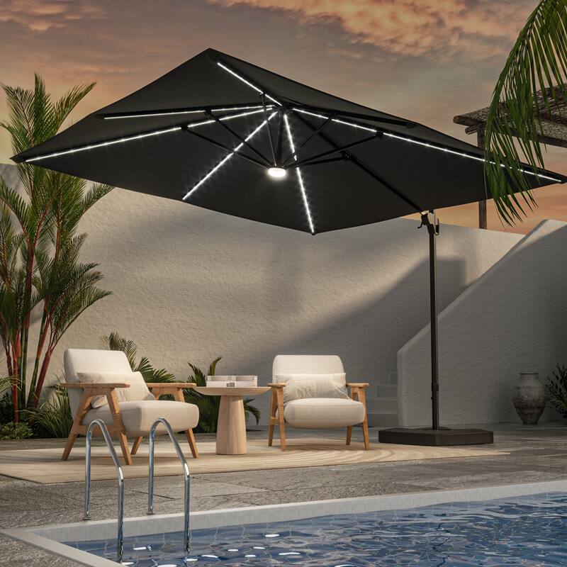 LIVOOSUN Patio10x10FT LED Aluminum Cantilever Umbrella Solution-Dyed Fabric w/Base - NightBlack