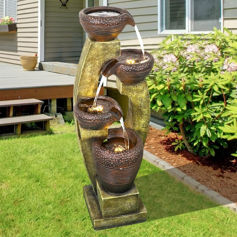 40-Inch Modern Outdoor Garden Fountain w/LED Lights for Garden Patio - Floor/Lighted - Polyresin