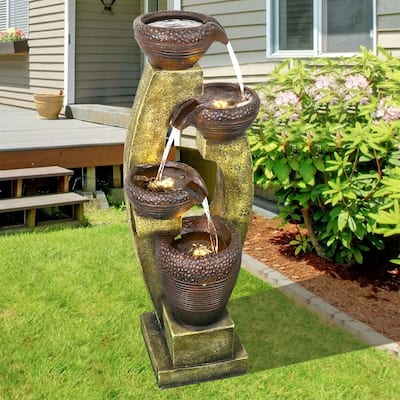 40-Inch Modern Outdoor Garden Fountain w/LED Lights for Garden Patio