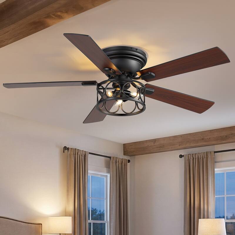 52-inch Flush Mount Caged Ceiling Fan with Light and Remote(5 Reversible Blades)