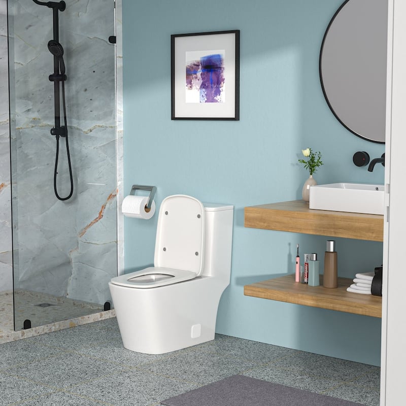 1-piece 1.28 GPF Single Flush Elongated Toilet in White Seat Included - 27" x 14" x 30"