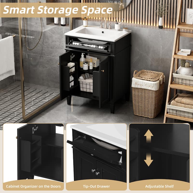 24" Bathroom Vanity With 2 Doors And Tip-Out Drawer, Bathroom Storage Cabinet With Sink, Soft-Closing Doors With Organizers