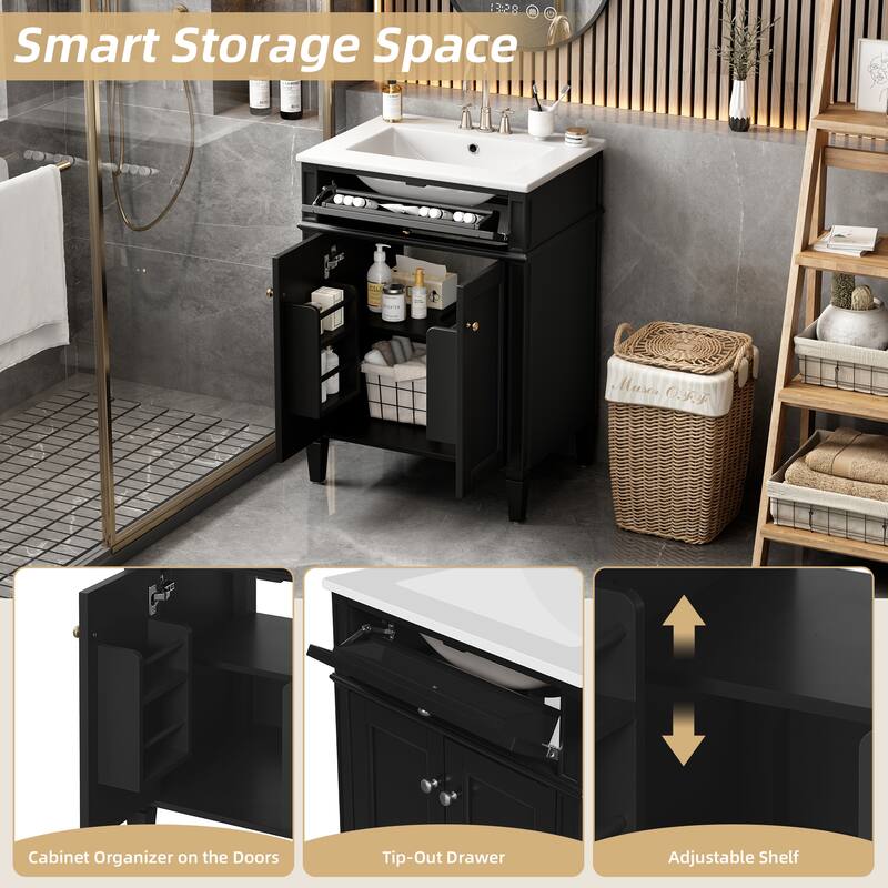 24" Bathroom Vanity with 2 Doors and Tip-Out Drawer, Bathroom Storage Cabinet with Sink, Soft-Closing Doors with Organizers