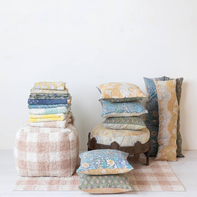 Cotton Tufted Pouf with Plaid Pattern
