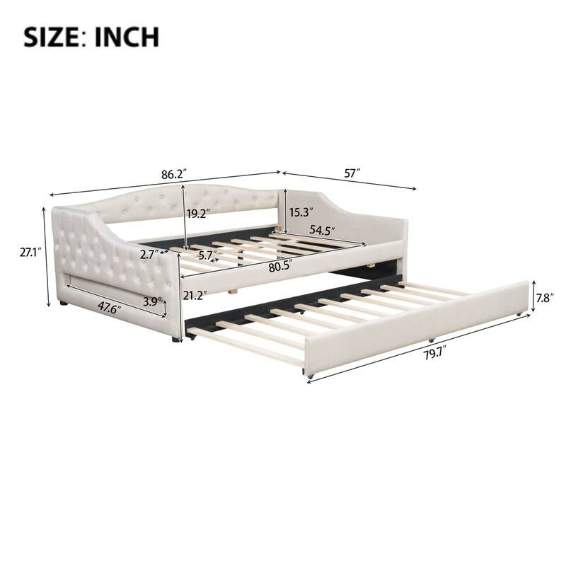 Full XL Size Daybed with LED Belt and Trundle, Upholstered Daybed Frame Sofa Bed with Button Tufted Design and Slats Support