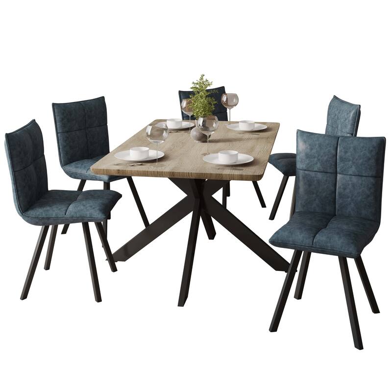 5-Piece Dining Set 63-Inch Rectangular Natural Wood Dining Table and 4 Leather Side Chairs in Iron - Peacock Blue