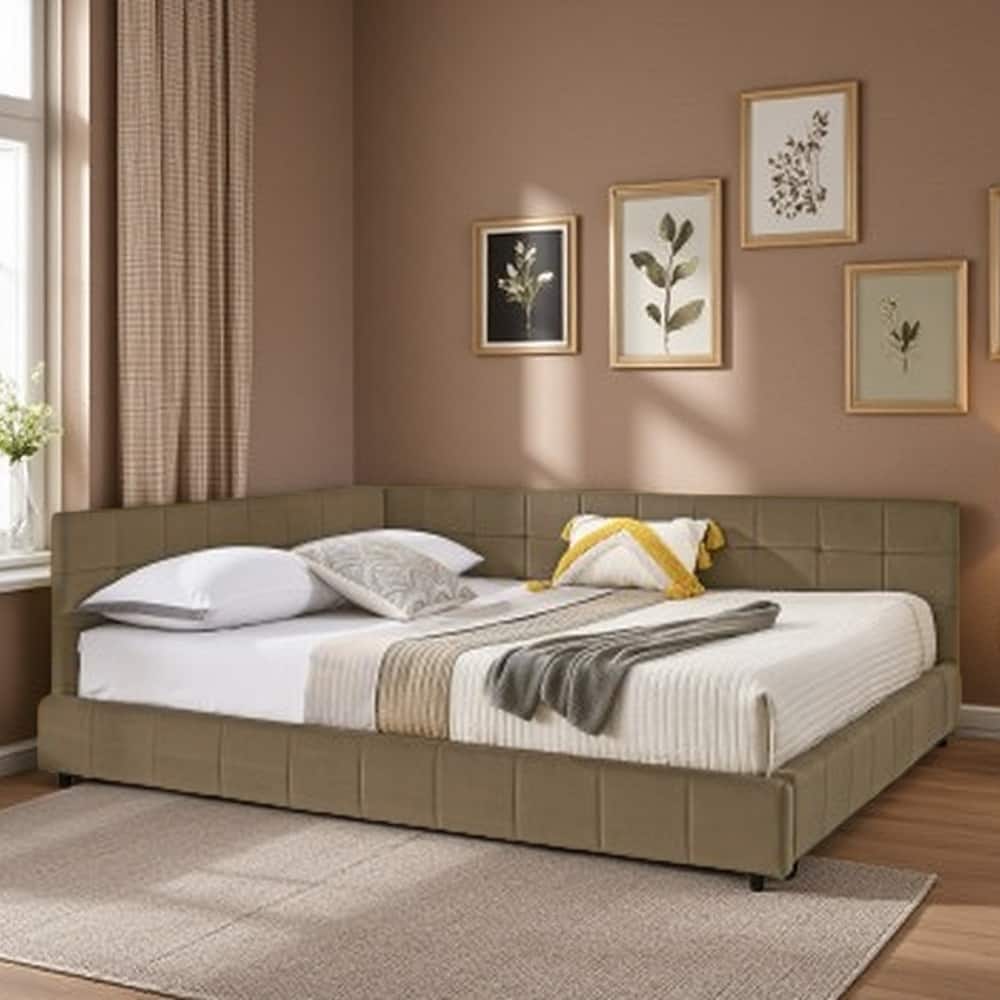 Mid-Century Velvet Queen Daybed with Tufted Backrest and Armrest, Convertible Sofa Bed Frame, Sturdy Upholstered Platform