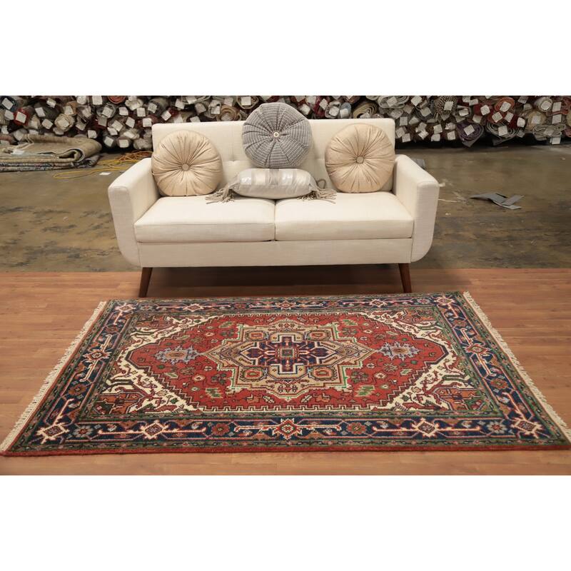 Hand Knotted Oriental 100% Wool Carpet Traditional Medallion Oranges & Rust Heriz (serapi) Area Rug - 6' 2'' X 4' 0''