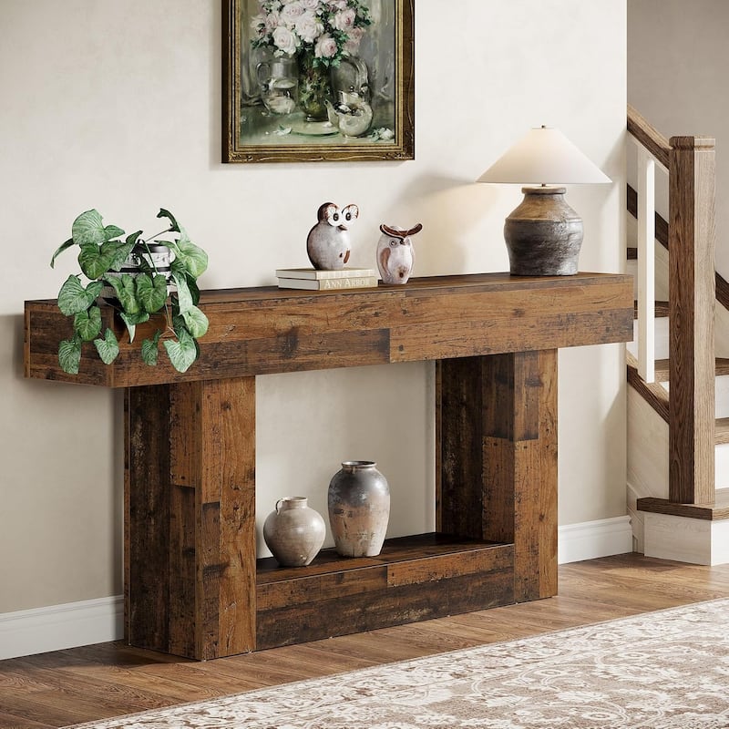 63 Inches Console Table, Farmhouse 2 Tiers Entryway Table, Sofa Table - Mix Brown