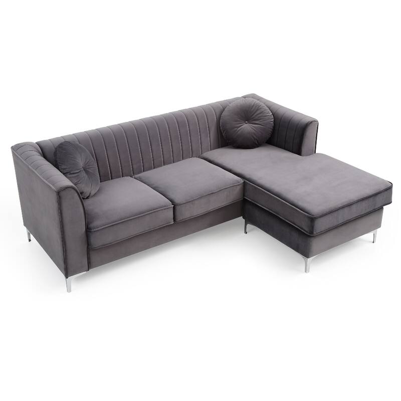 Channel Tufted Velvet L Shape Sectional Sofa with Throw Pillows - 87" - Gray