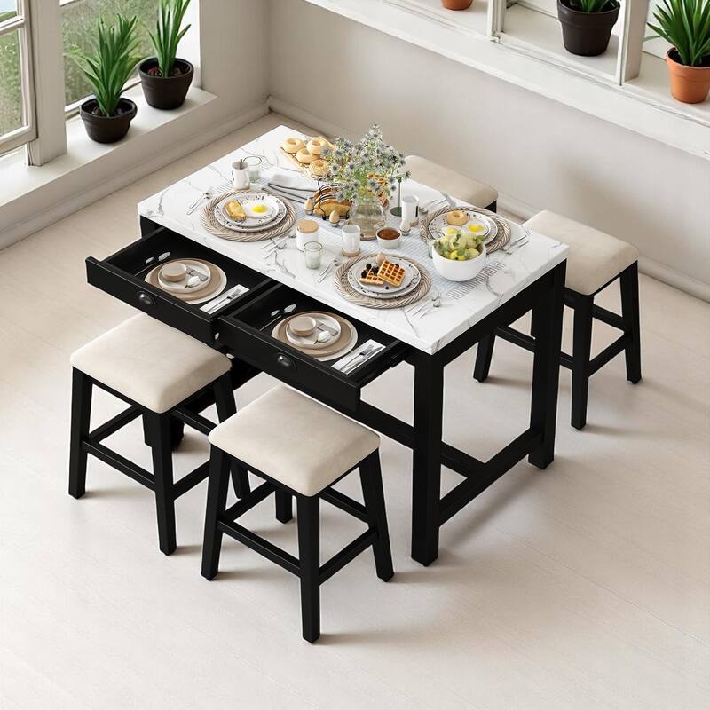 5-Piece Dining Set for 4, Counter Height Modern Kitchen Table with Storage Drawers & 4 Upholstered Chairs for Dining Room