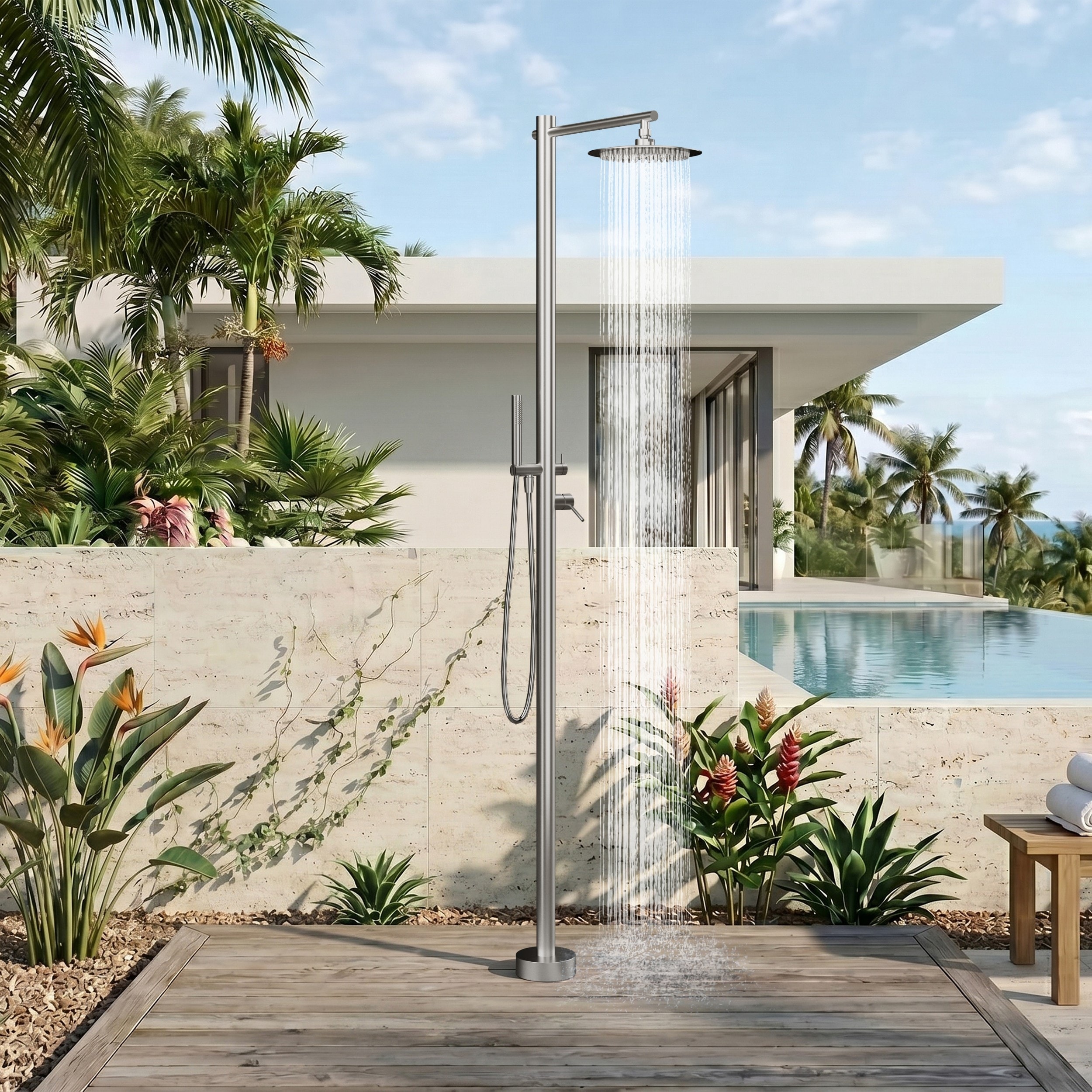 87''H Freestanding Outdoor Shower 316 Stainless Steel Pool Faucet with Handheld, NSF Valve