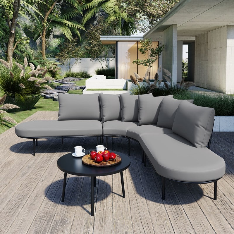 Patio Half-Moon Curved Sectional Sofa Set with Small Coffee Table, All-Weather-Used Iron Frame Outdoor Conversation Set - Grey