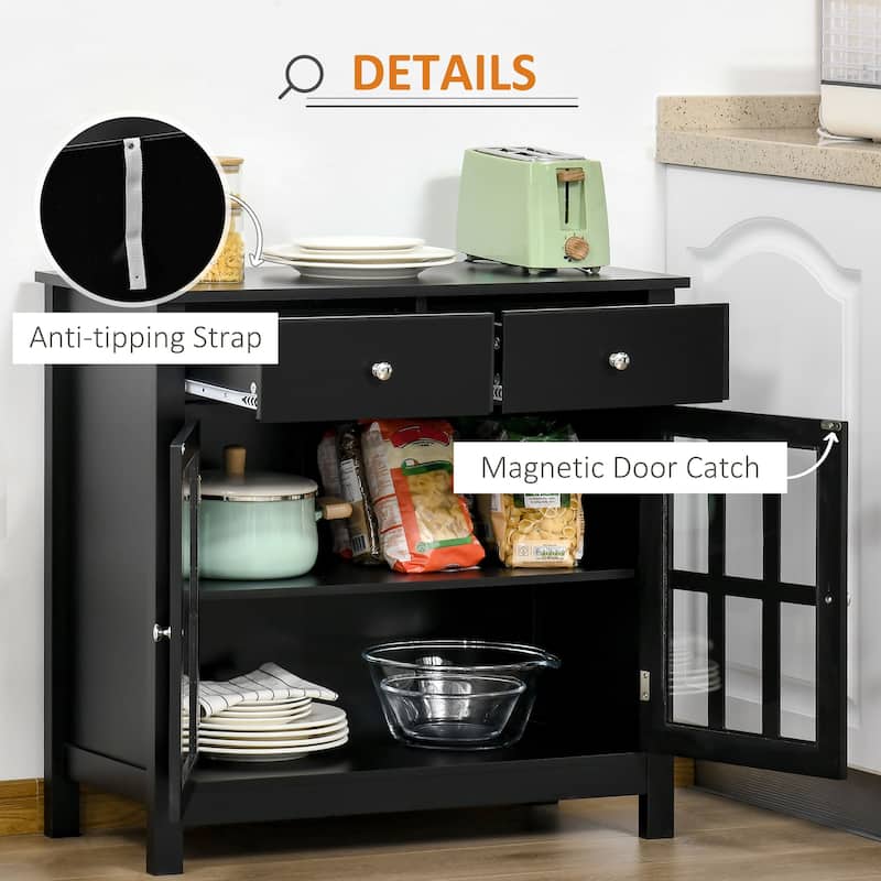 Black Sideboard Cabinet with Glass Doors and Drawers Multi-Functional Storage Buffet TV Console for Dining Kitchen Living Room