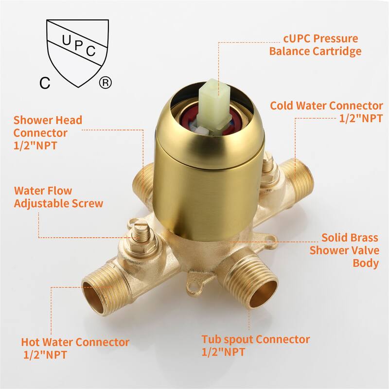 Wall Mounted Shower Faucet with Tub Spout, Complete Pressure Balance Brushed Gold Tub Shower System Wth Rough-in Valve