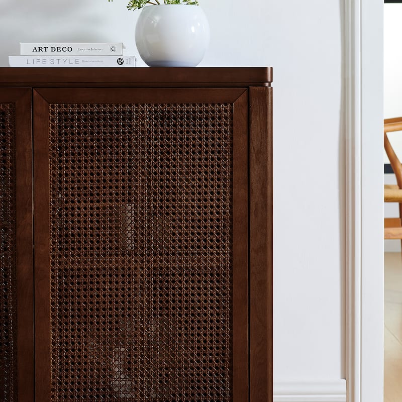 39.4" Mid Century Modern Rattan Storage Sideboard Cabinet with 2 Outlet Holes