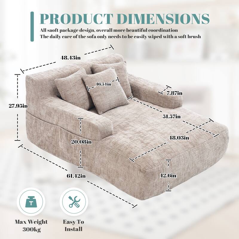 Chenille Lazy Sofa Chaise Lounge with Pillows - Convertible Armchair with Armrests, Multi-Position Sleeper for Living Room