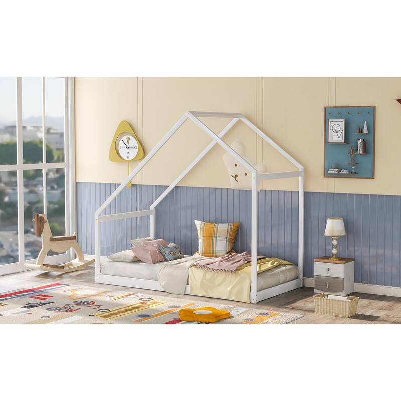 Twin Size White Wooden House Bed Frame for Kids