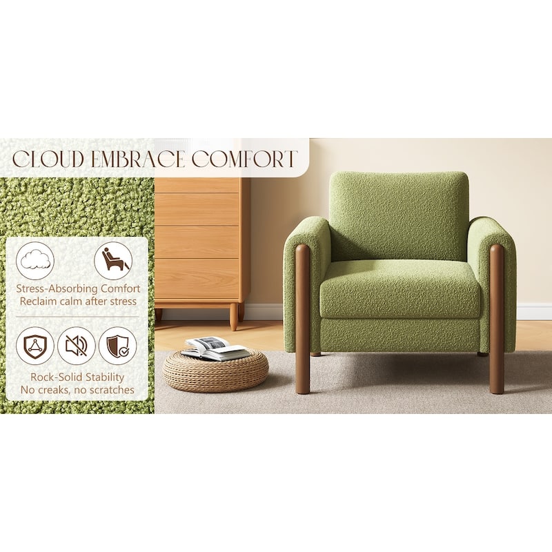 Oversized Upholstered Accent Chair, Ergonomic Single Sofa Chair, Lounge Reading Chair with Curved Armrest & Wooden Legs