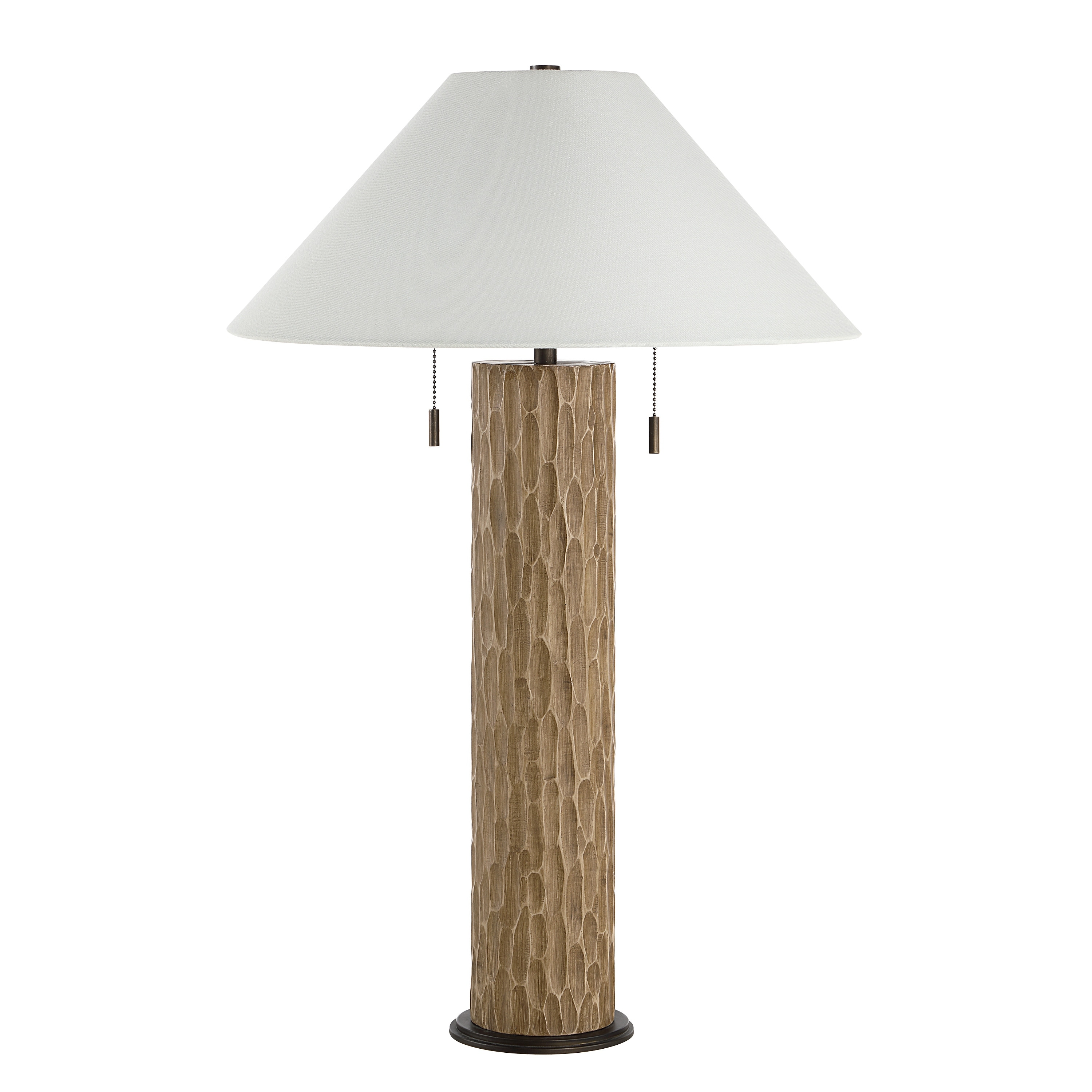 Everren Pino 30.5" Tall Carved Brown Oak Resin Table Lamp with Tapered Linen Shade
