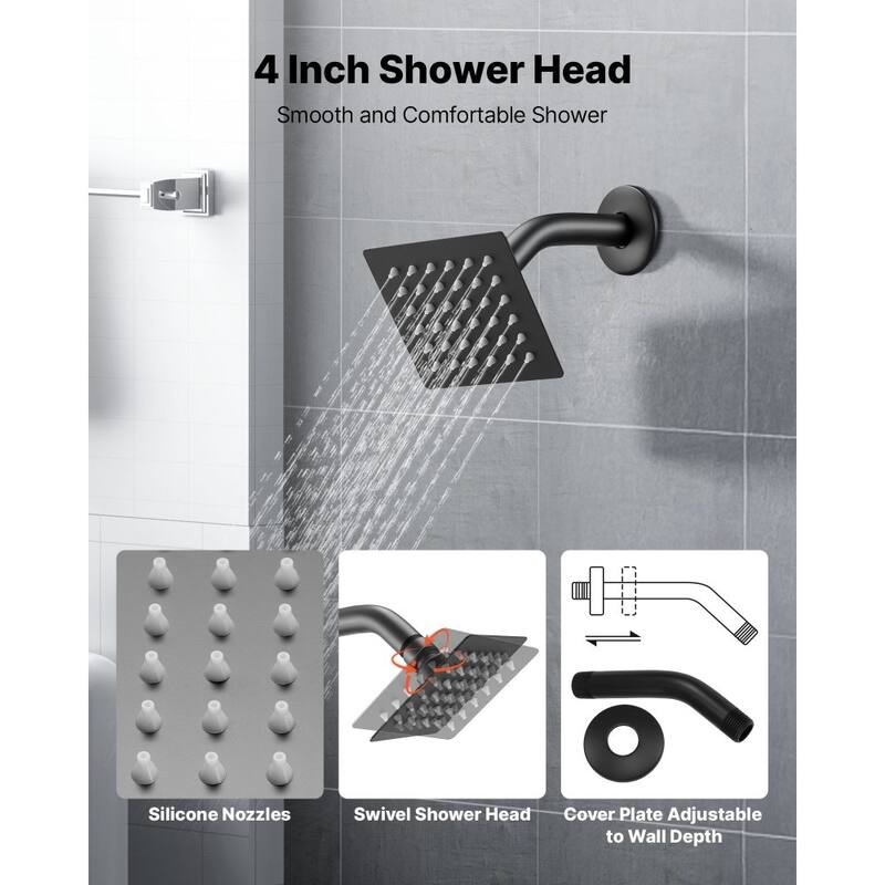 Matte Black Stainless Steel 4-Piece Tub and Shower Faucet Set with High-Pressure Shower - 4 x 4 in