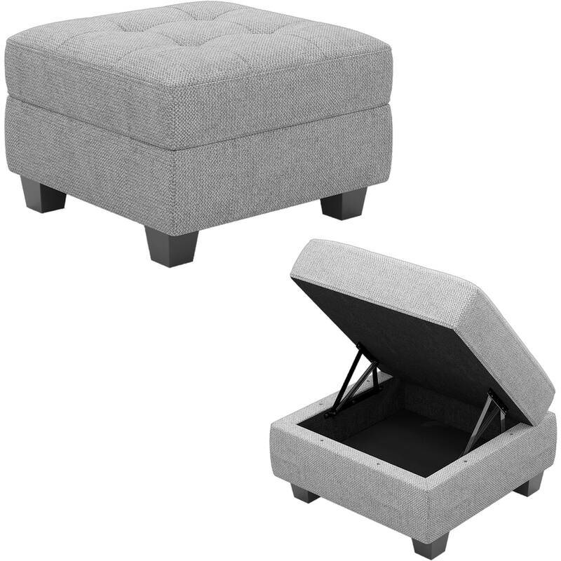 HomeRoots 26" Light Gray and Black Linen Tufted Storage Ottoman