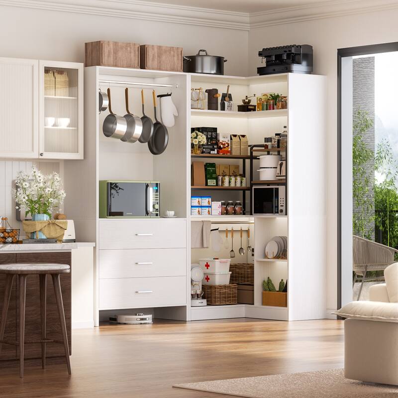 Set of 2 Freestanding Corner Closet Organizer with Drawers, Walk-in Closet System with Hanging Rods