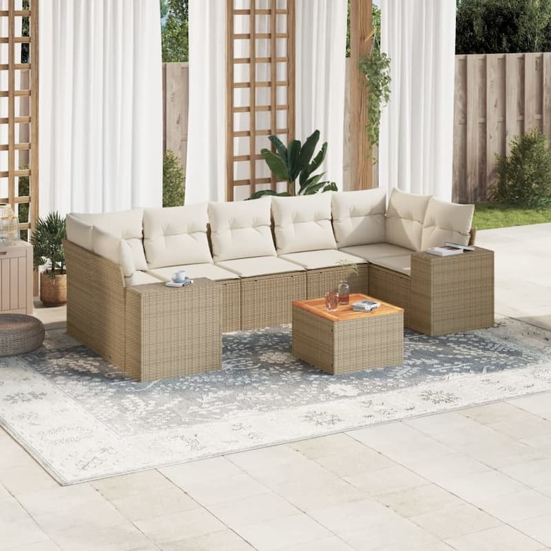 vidaXL Patio Sofa Set with Cushions Outdoor Furniture 8 Piece Poly Rattan - 21.7 x 21.7 x 14.6 - Beige and cream Medium