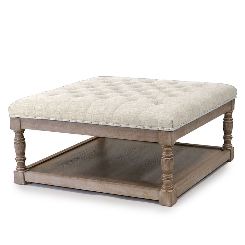 Cairona Tufted Textile 34-inch Shelved Ottoman Table - Beige Top/Natural Wood