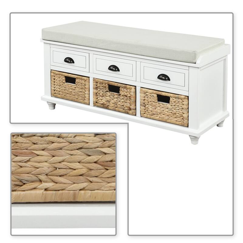 Classic Farmhouse Style Storage Bench with a Removable Linen Blend Seat Cushion