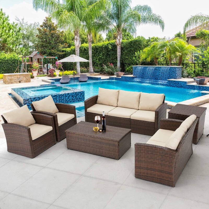 AECOJOY 7-Pieces Patio Sectional Sofa Outdoor Wicker Furniture Set - Beige