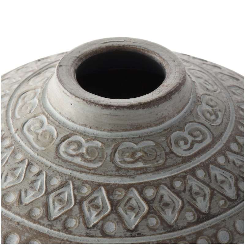 Ceramic Handmade Antique Style Decorative Vase with Geometric Tribal Carvings - Green - Roche River Decor
